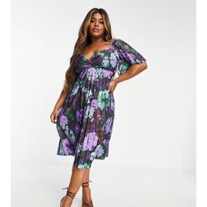 Asos Floral V-Neck Pleated Maxi Length Dress NWT Size 16